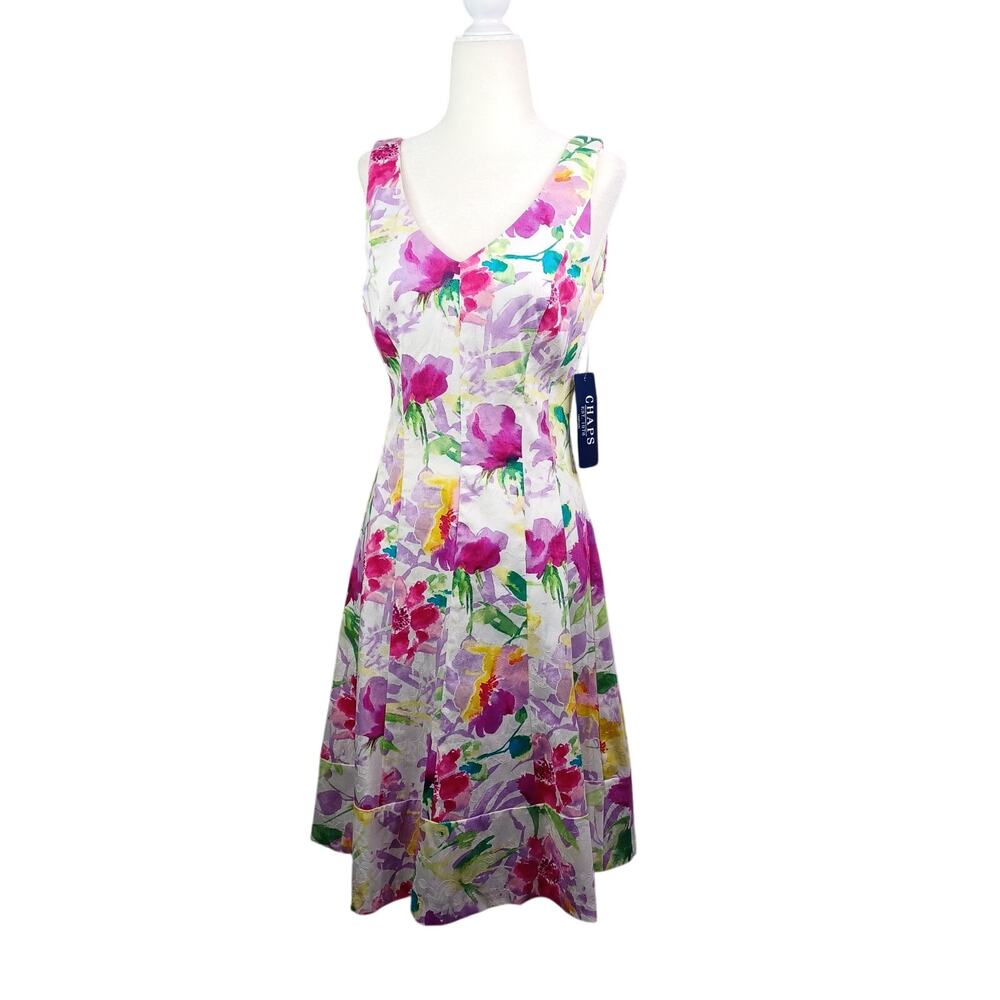 Chaps Floral Jacquard Fit and Flare Dress Size 6 White Pink V-neck Party Summer